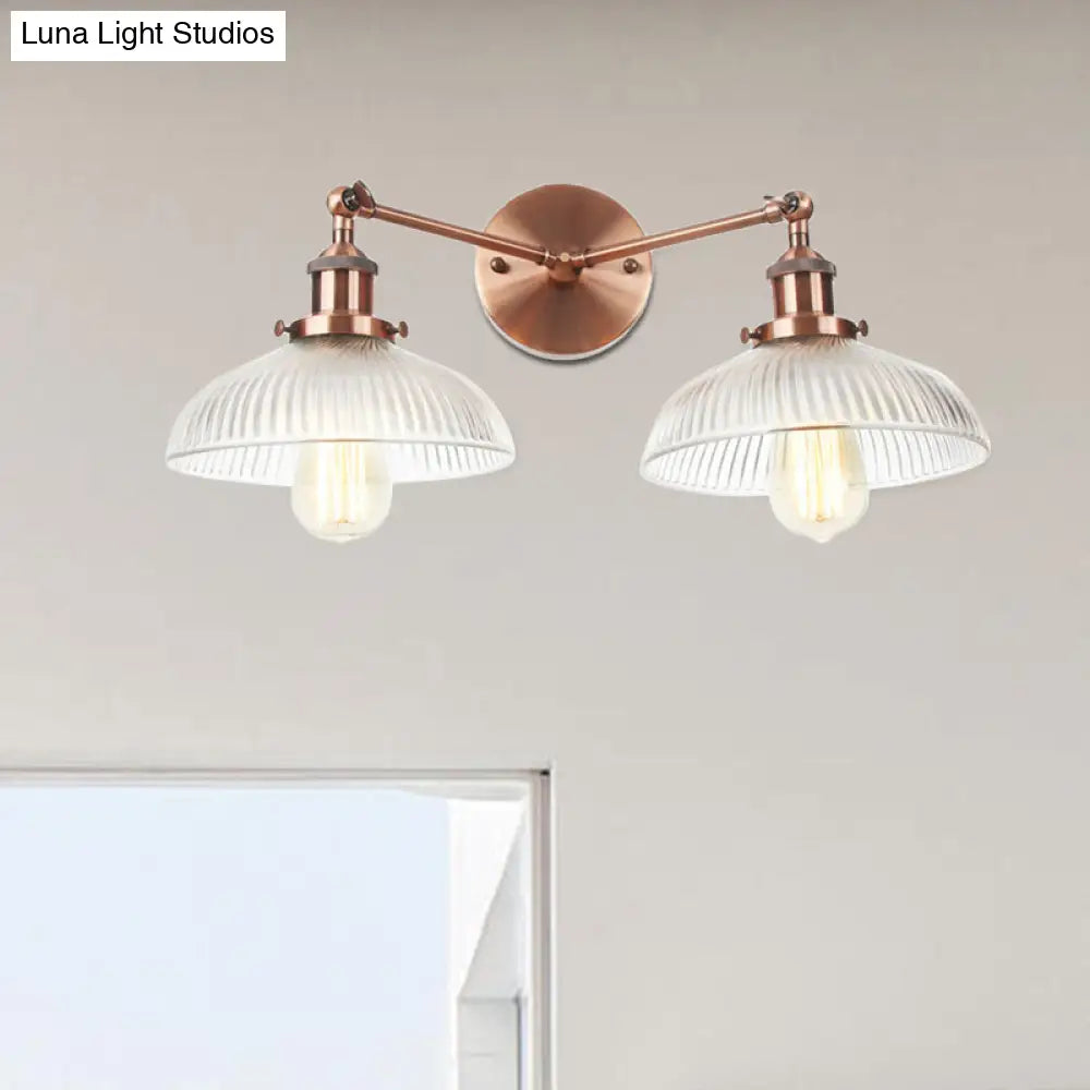 Industrial Domed Ribbed Glass Wall Light With Bronze/Brass/Copper Finish - 2-Light Sconce Lamp For