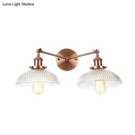 Industrial Domed Ribbed Glass Wall Light With Bronze/Brass/Copper Finish - 2-Light Sconce Lamp For