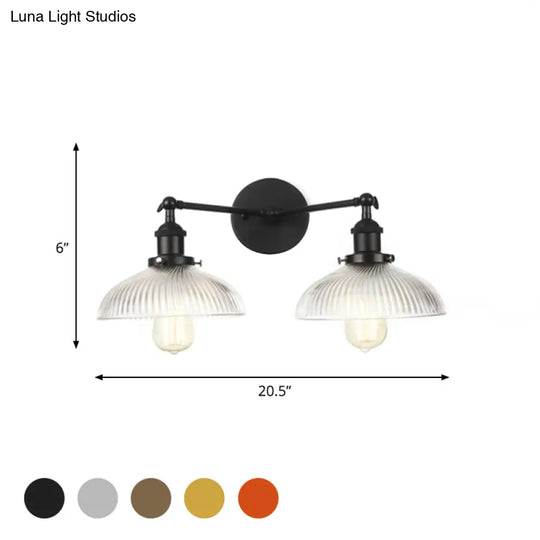 Industrial Domed Ribbed Glass Wall Light With Bronze/Brass/Copper Finish - 2-Light Sconce Lamp For