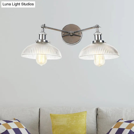 Industrial Domed Ribbed Glass Wall Light With Bronze/Brass/Copper Finish - 2-Light Sconce Lamp For