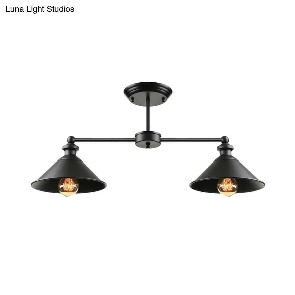 Industrial Double Conic Metallic Semi Flush Mount Ceiling Light With 2 Lights In Black For Dining