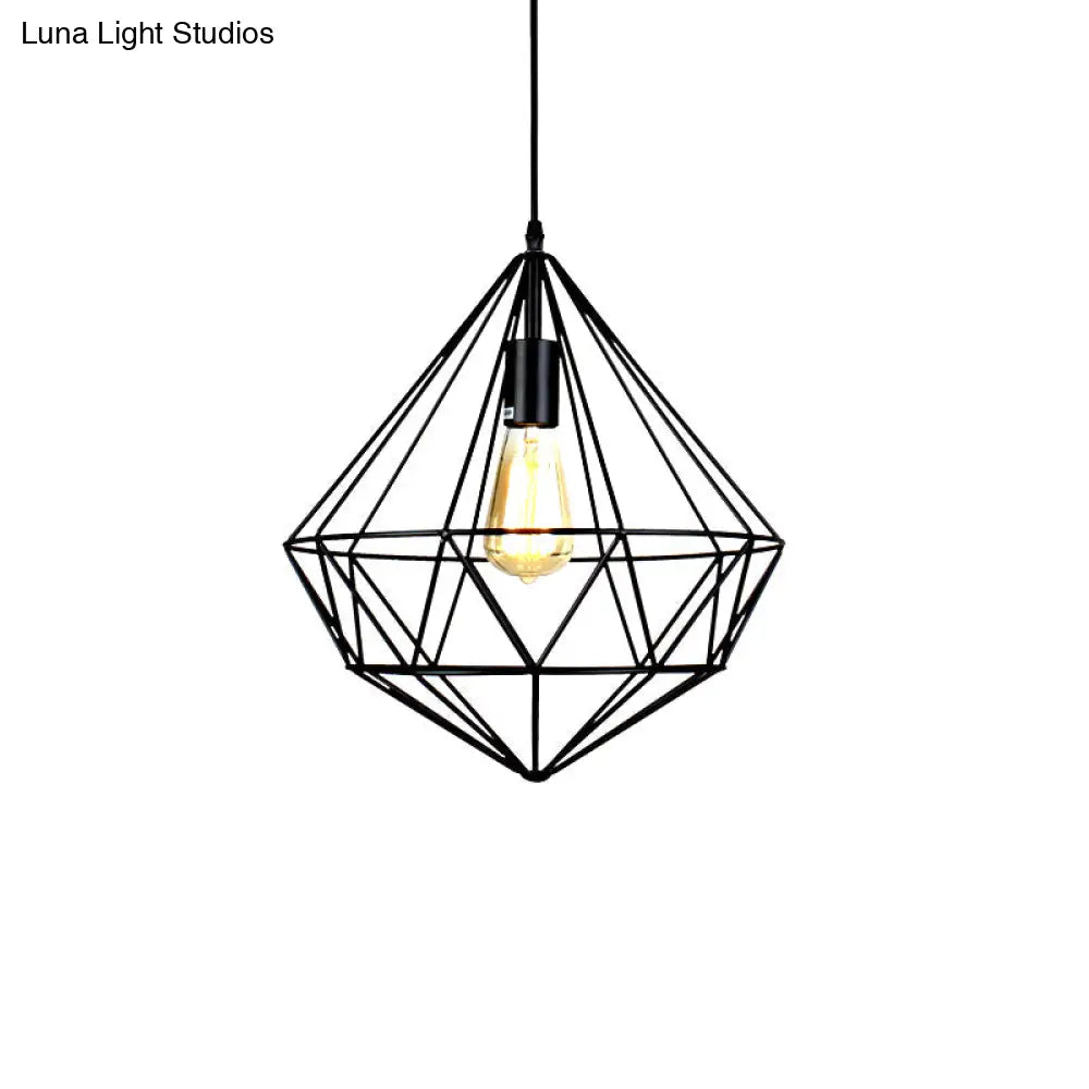 Industrial Faceted Cage Metal Pendant Ceiling Light In Black For Living Room - 1 Bulb