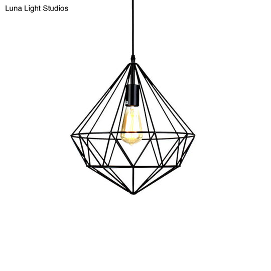 Industrial Faceted Cage Metal Pendant Ceiling Light In Black For Living Room - 1 Bulb