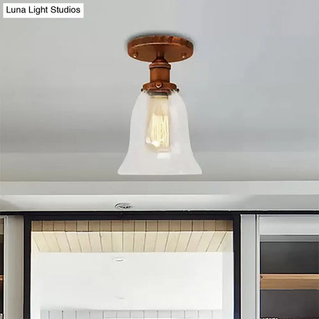 Industrial Flared Glass Semi Flush Mount Light With Clear Bulb In Black/Bronze/Copper