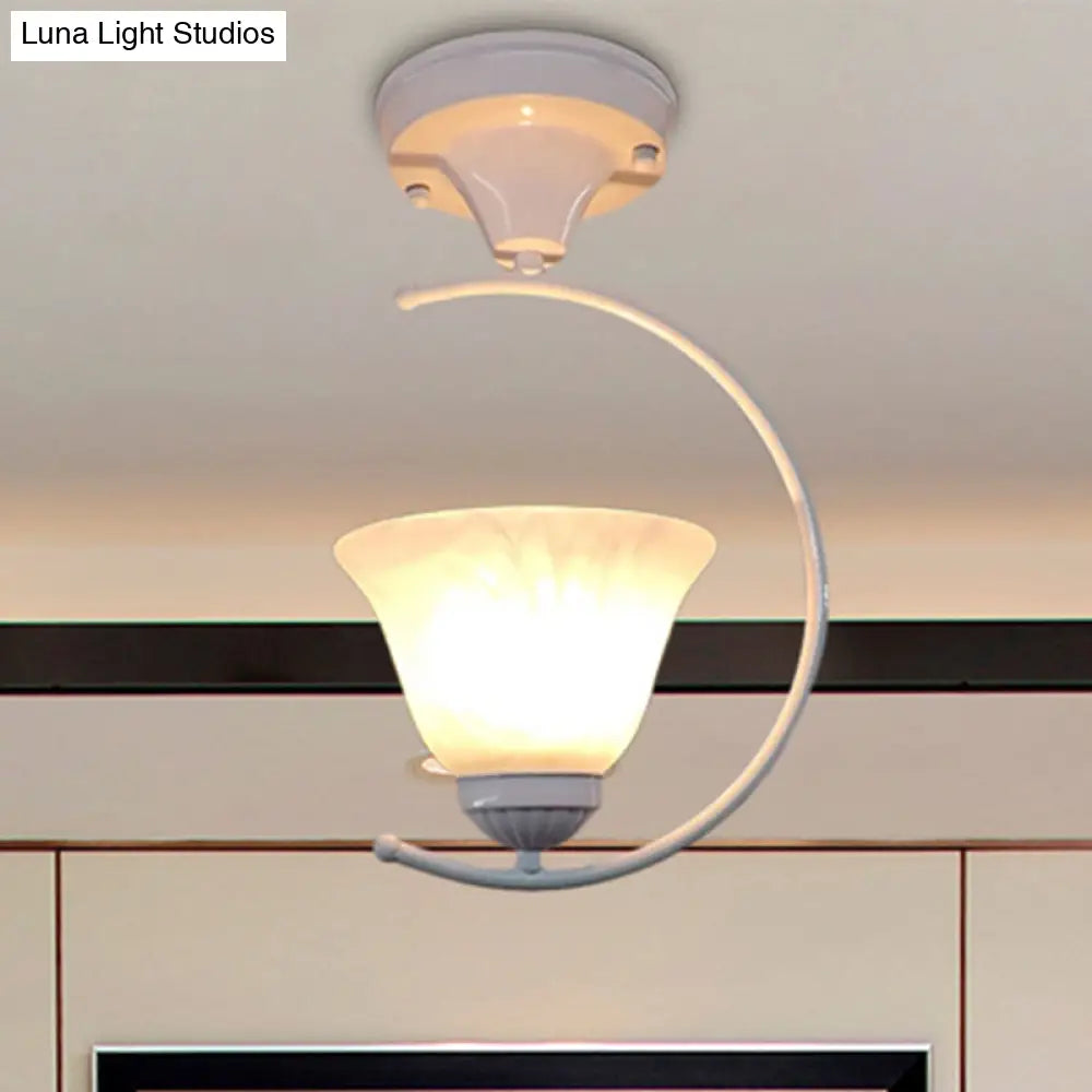 Industrial Flower/Bell Semi Flush Mount Ceiling Light - Single Bulb Frosted Glass White/Black For