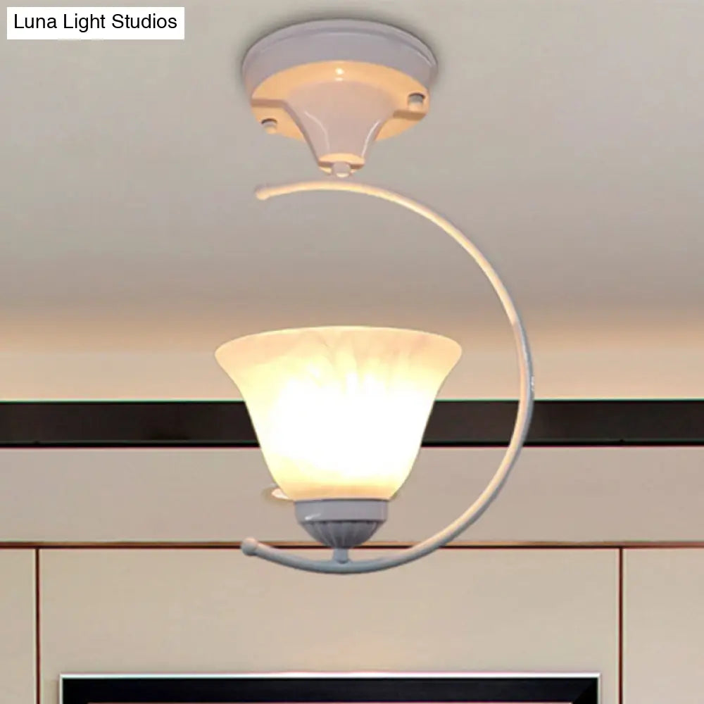Industrial Flower/Bell Semi Flush Mount Ceiling Light - Single Bulb Frosted Glass White/Black For
