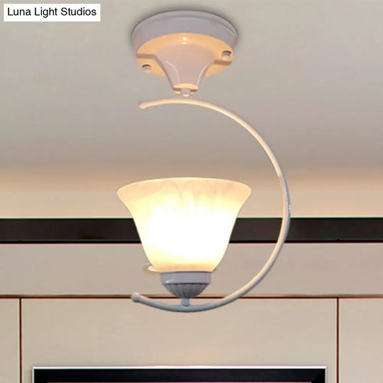 Industrial Flower/Bell Semi Flush Mount Ceiling Light - Single Bulb Frosted Glass White/Black For
