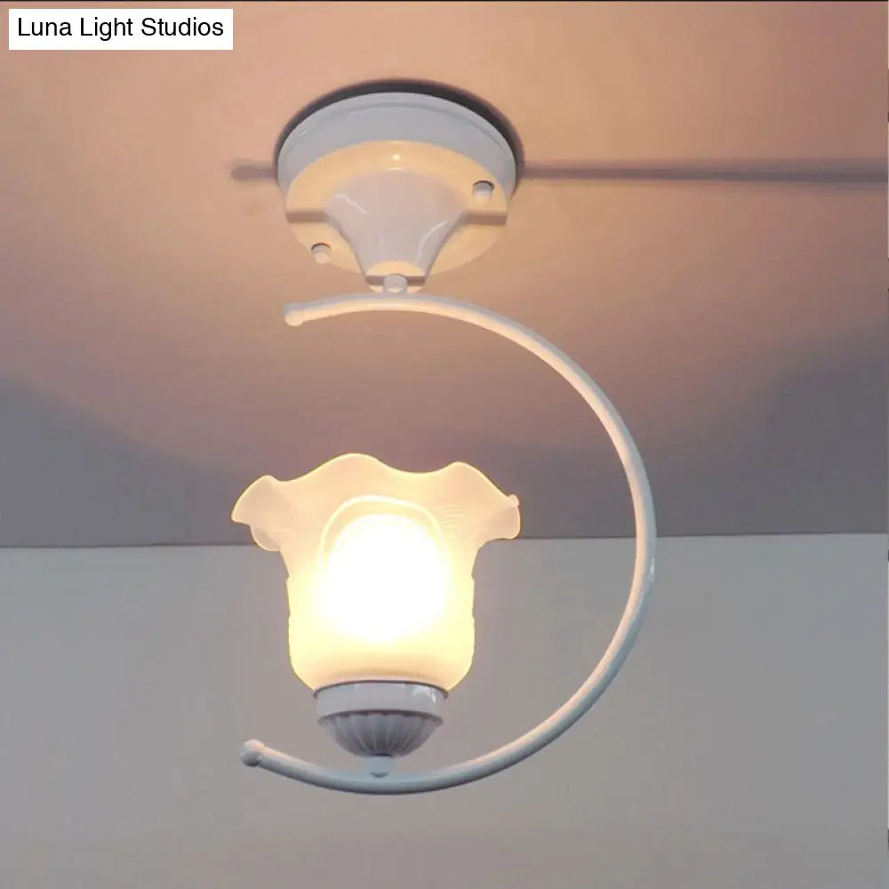 Industrial Flower/Bell Semi Flush Mount Ceiling Light - Single Bulb Frosted Glass White/Black For