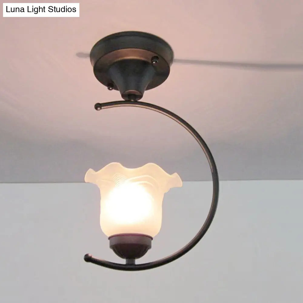 Industrial Flower/Bell Semi Flush Mount Ceiling Light - Single Bulb Frosted Glass White/Black For