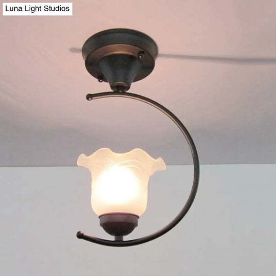 Industrial Flower/Bell Semi Flush Mount Ceiling Light - Single Bulb Frosted Glass White/Black For