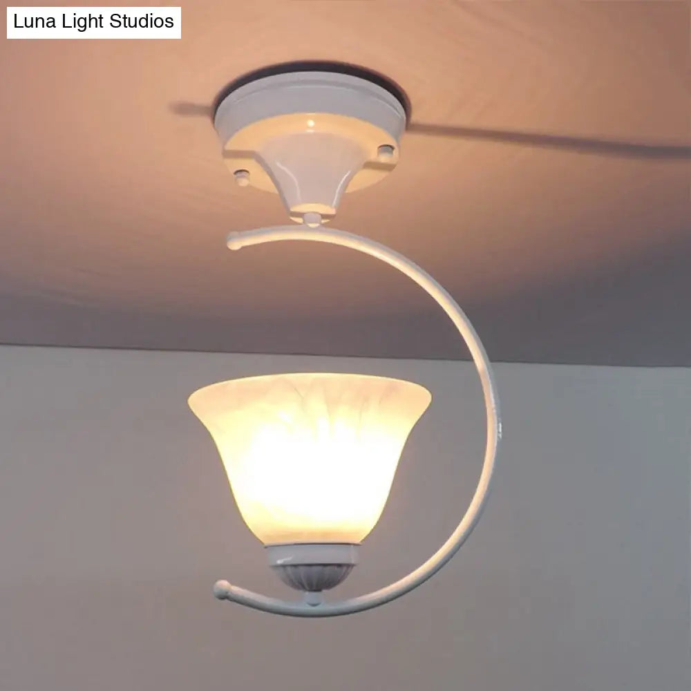 Industrial Flower/Bell Semi Flush Mount Ceiling Light - Single Bulb Frosted Glass White/Black For
