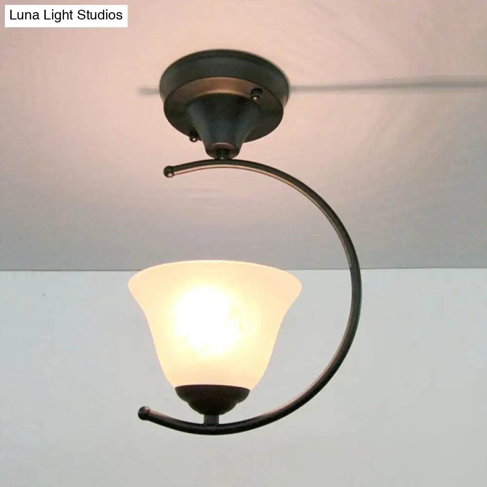 Industrial Flower/Bell Semi Flush Mount Ceiling Light - Single Bulb Frosted Glass White/Black For
