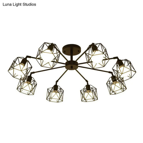 Industrial Flush Mount Ceiling Light With Black Hexagonal Iron Cage - Perfect For Living Room