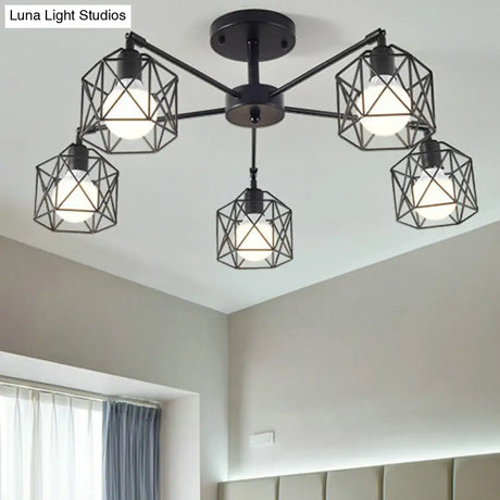 Industrial Flush Mount Ceiling Light With Black Hexagonal Iron Cage - Perfect For Living Room