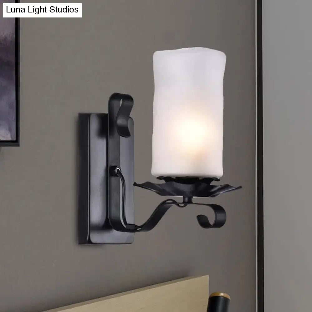 Industrial Frosted Glass Cylinder Bathroom Sconce Light Fixture - Black Wall Lamp