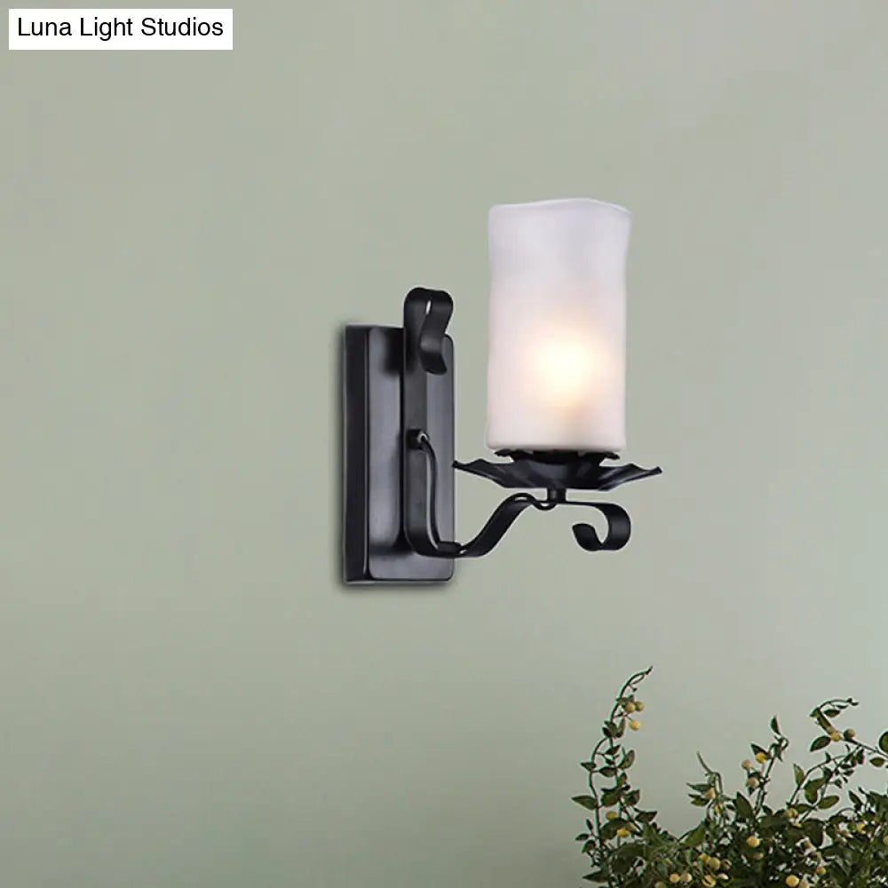 Industrial Frosted Glass Cylinder Bathroom Sconce Light Fixture - Black Wall Lamp