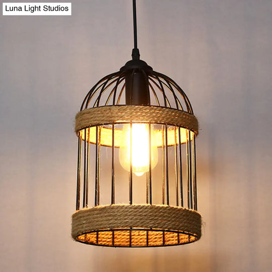 Geometric Industrial Hemp Rope Pendant Light In Black - Single Ceiling Hanging Fixture / Birdcage