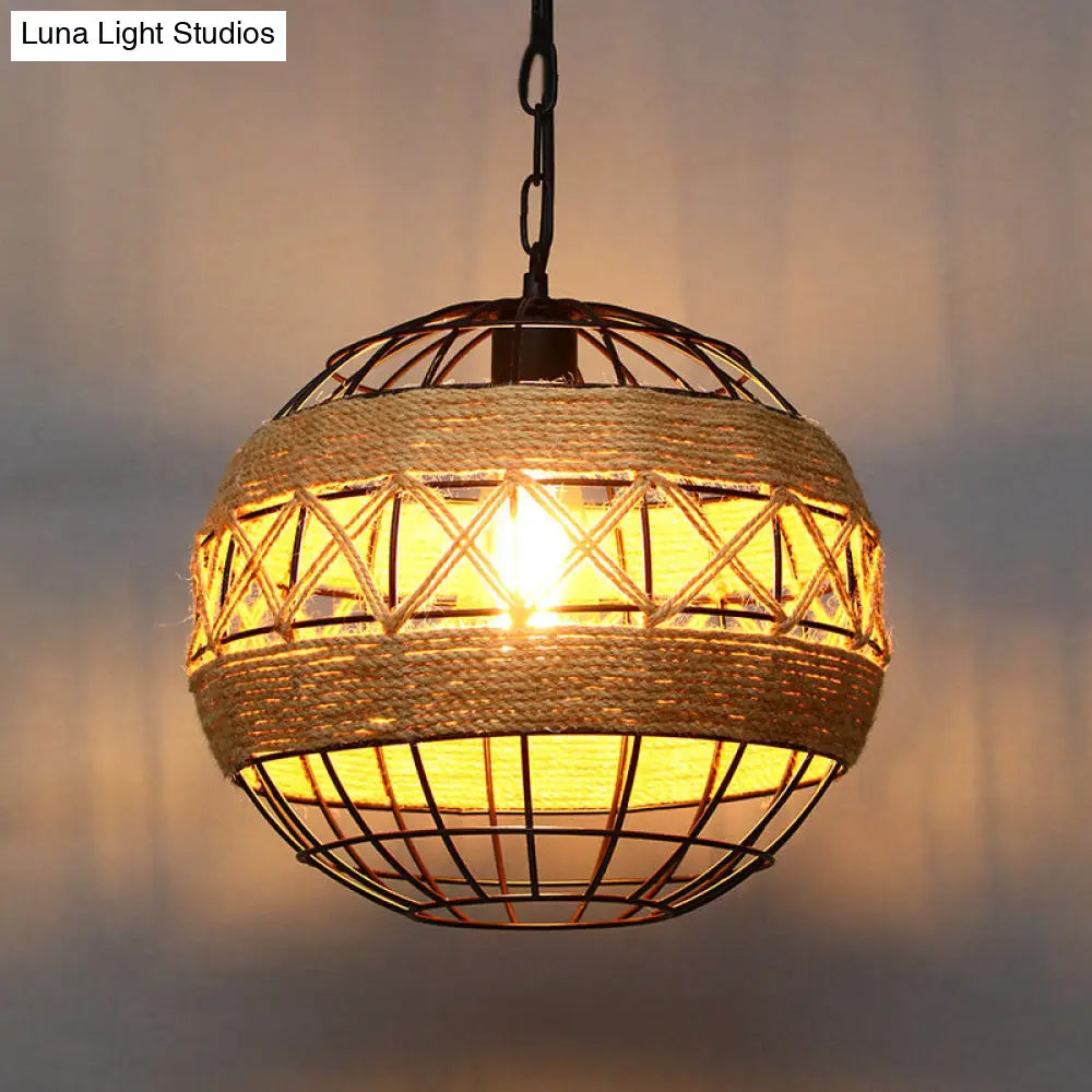 Geometric Industrial Hemp Rope Pendant Light In Black - Single Ceiling Hanging Fixture / Globe