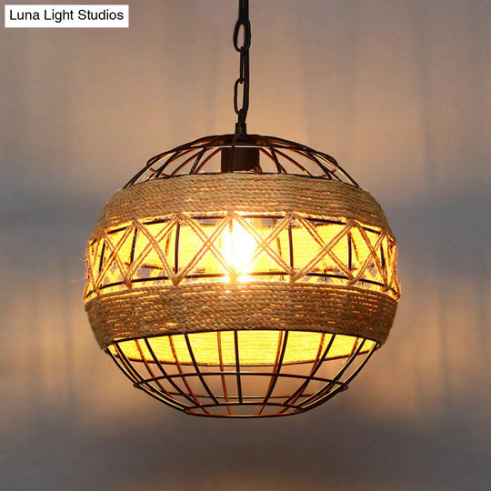 Geometric Industrial Hemp Rope Pendant Light In Black - Single Ceiling Hanging Fixture / Globe