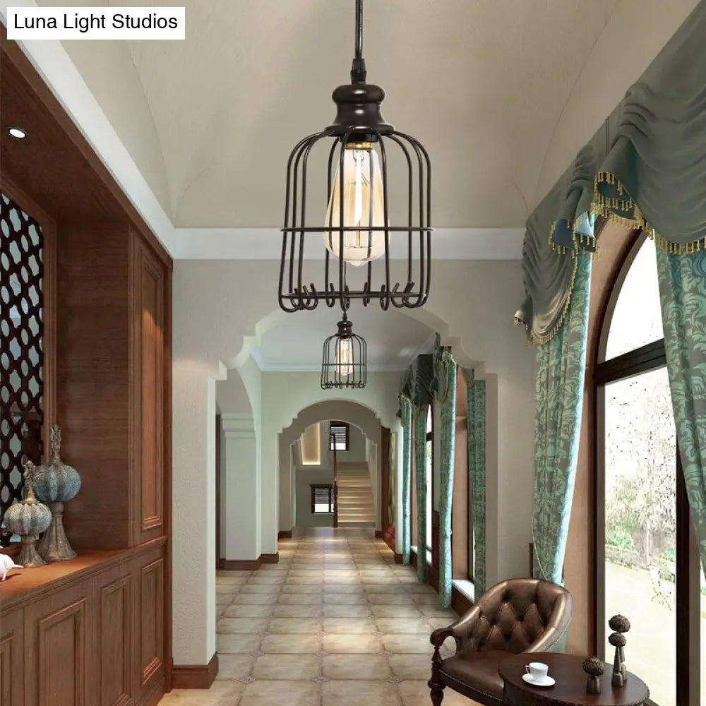 Industrial Glass Single Light Pendant Ceiling With Cage - Black Cylinder Design For Dining Room