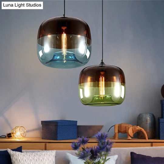 Industrial Green/Blue And Brown Glass Hanging Pendant Light - Drum Dining Table Suspension Lamp With
