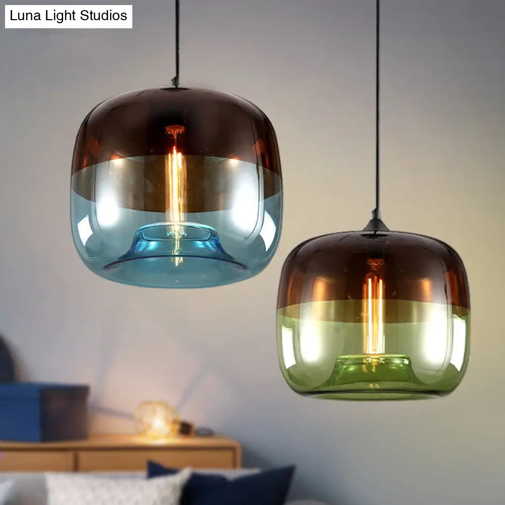 Industrial Green/Blue And Brown Glass Hanging Pendant Light - Drum Dining Table Suspension Lamp With