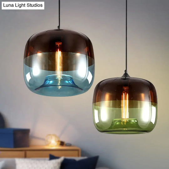 Industrial Green/Blue And Brown Glass Hanging Pendant Light - Drum Dining Table Suspension Lamp With