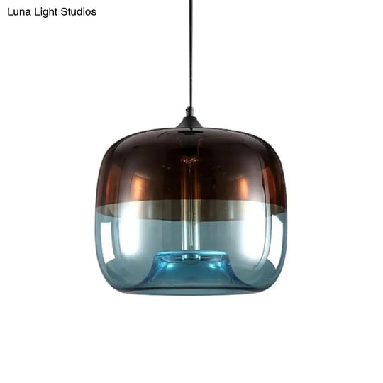 Industrial Green/Blue And Brown Glass Hanging Pendant Light - Drum Dining Table Suspension Lamp With