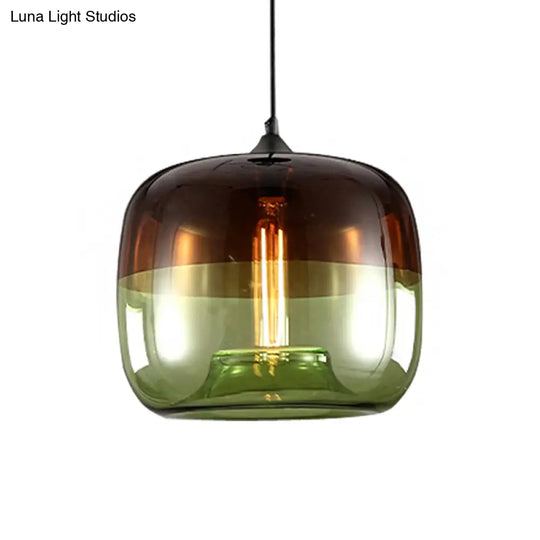 Industrial Green/Blue And Brown Glass Hanging Pendant Light - Drum Dining Table Suspension Lamp With