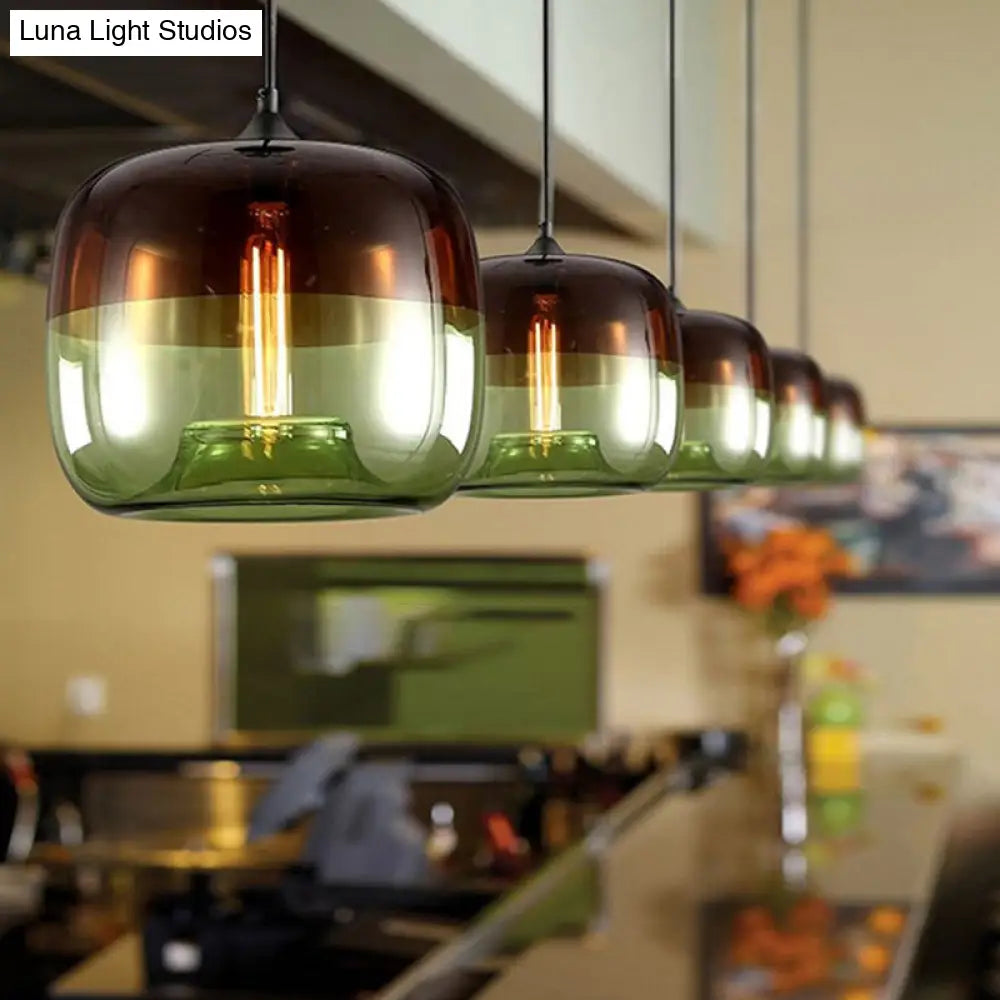 Industrial Glass Pendant Light In Green/Blue And Brown With Drum Dining Table Suspension Green