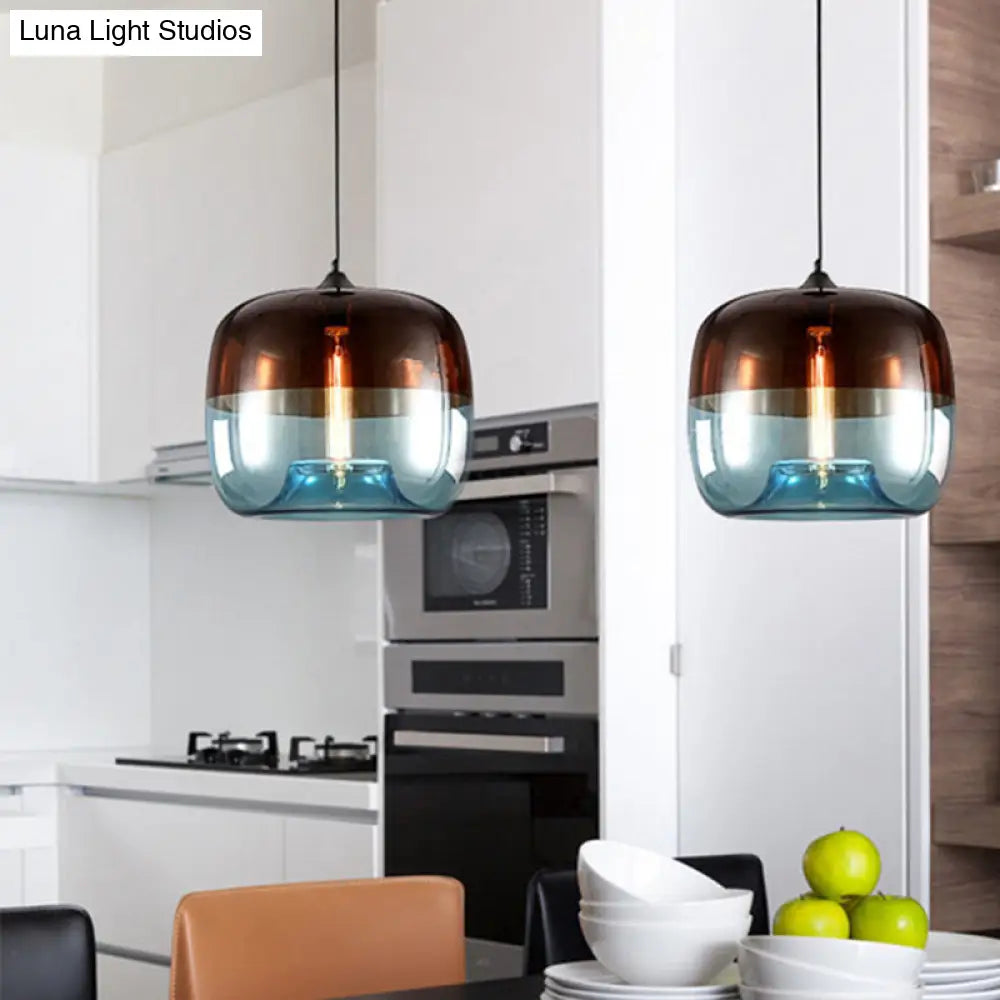 Industrial Glass Pendant Light In Green/Blue And Brown With Drum Dining Table Suspension Blue