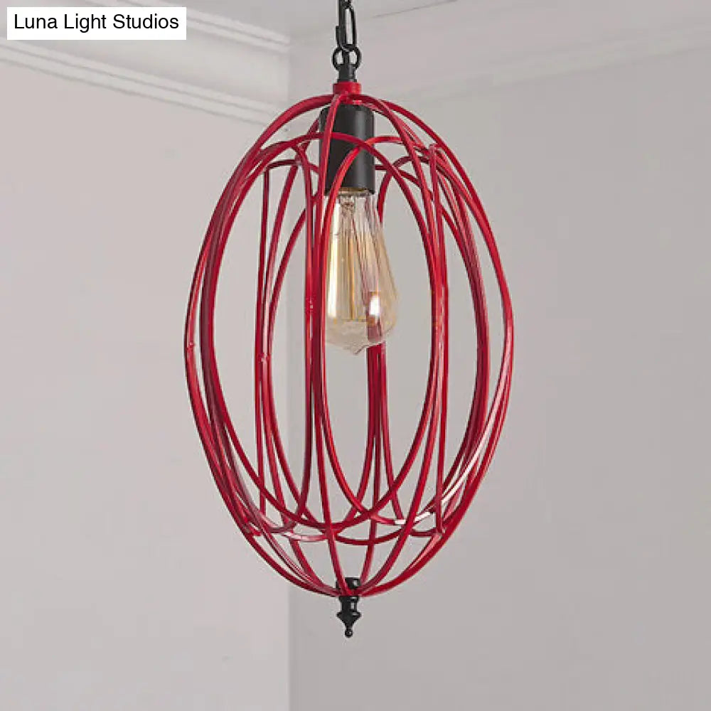 Industrial Gray/Red Oval Cage Hanging Ceiling Light Pendant Lamp With Adjustable Chain - Metallic
