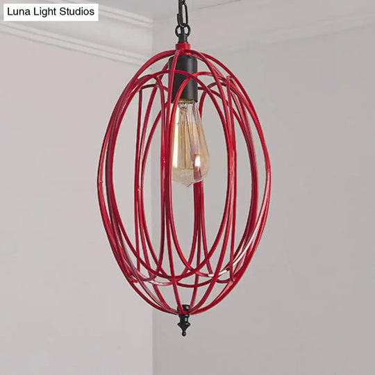 Industrial Gray/Red Oval Cage Hanging Ceiling Light Pendant Lamp With Adjustable Chain - Metallic