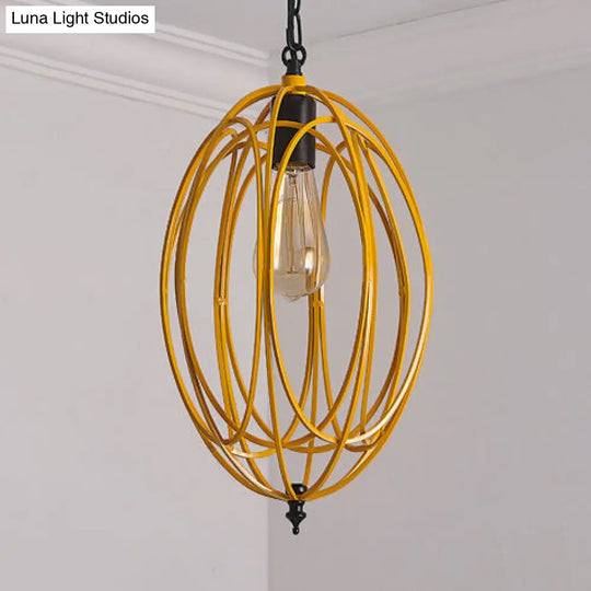Industrial Gray/Red Oval Cage Hanging Ceiling Light Pendant Lamp With Adjustable Chain - Metallic