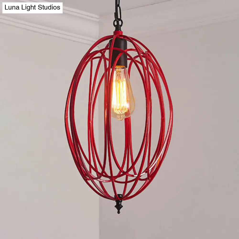 Industrial Gray/Red Oval Cage Hanging Ceiling Light Pendant Lamp With Adjustable Chain - Metallic