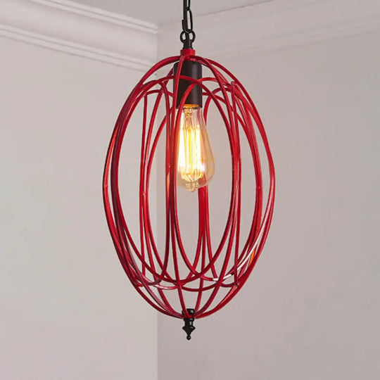 Industrial Gray/Red Oval Cage Hanging Pendant Light With Adjustable Chain - 1 Bulb Ideal For