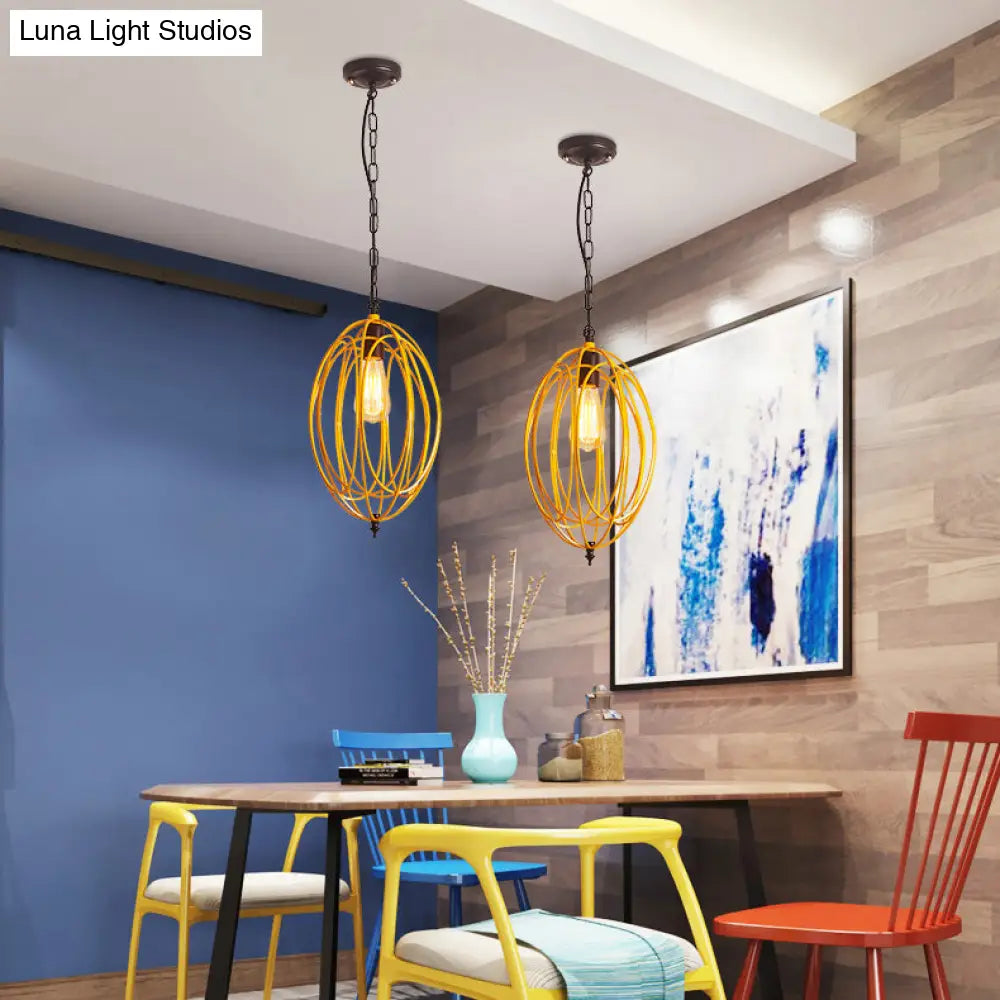 Industrial Gray/Red Oval Cage Hanging Pendant Light With Adjustable Chain - 1 Bulb Ideal For