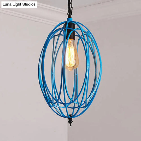 Industrial Gray/Red Oval Cage Hanging Ceiling Light Pendant Lamp With Adjustable Chain - Metallic