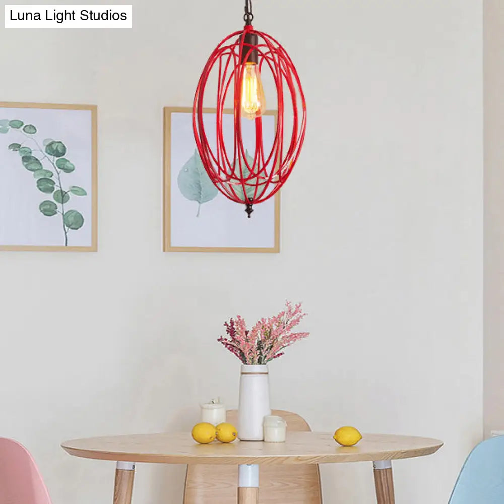 Industrial Gray/Red Oval Cage Hanging Pendant Light With Adjustable Chain - 1 Bulb Ideal For