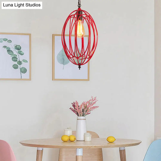 Industrial Gray/Red Oval Cage Hanging Pendant Light With Adjustable Chain - 1 Bulb Ideal For