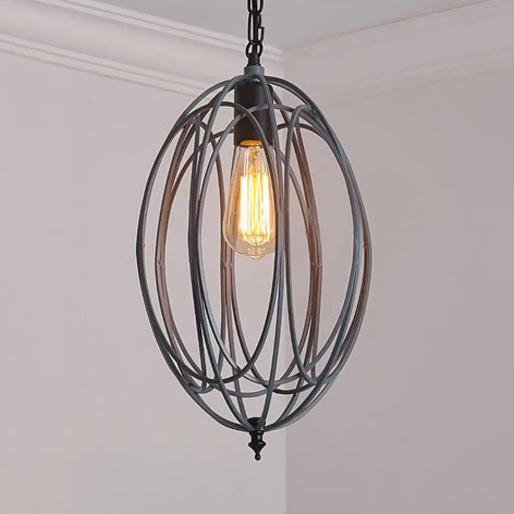 Industrial Gray/Red Oval Cage Hanging Pendant Light With Adjustable Chain - 1 Bulb Ideal For