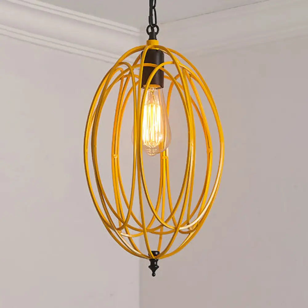 Industrial Gray/Red Oval Cage Hanging Pendant Light With Adjustable Chain - 1 Bulb Ideal For
