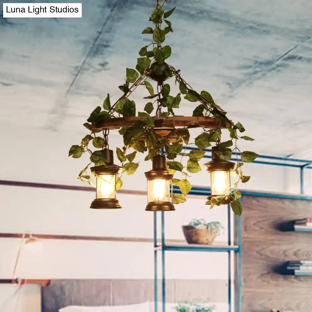 Industrial Green Lantern Wooden Chandelier - Led Restaurant Ceiling Light (3/6/8 Heads)