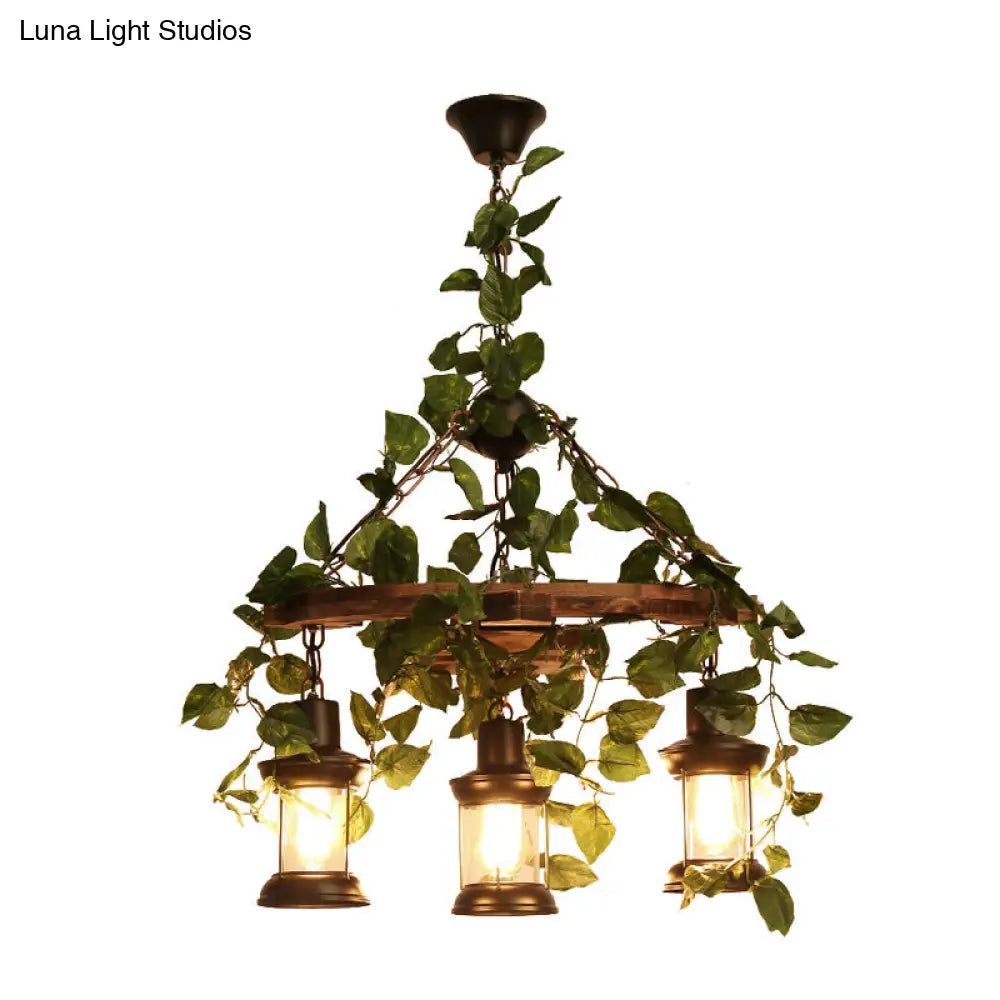 Industrial Green Lantern Wooden Chandelier - Led Restaurant Ceiling Light (3/6/8 Heads)