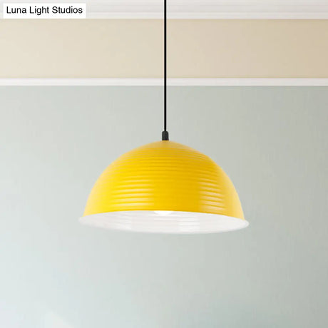 Industrial Grey/Yellow Hanging Lamp With Ribbed Dome Shade - 1 Light 12’/16’ Wide Metal Indoor