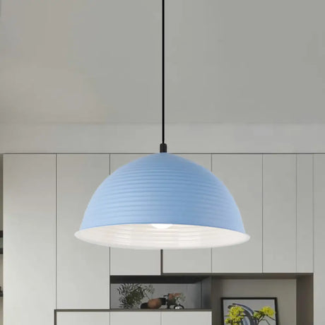 Industrial Grey/Yellow Hanging Lamp With Ribbed Dome Shade - 1 Light 12’/16’ Wide Metal Indoor