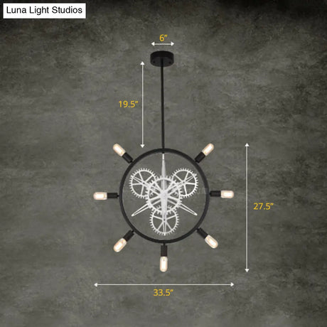 Industrial Hanging Chandelier With Exposed Bulb Design - 7/8 Bulbs Iron Frame Black/Silver Gear