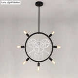Industrial Hanging Chandelier With Exposed Bulb Design - 7/8 Bulbs Iron Frame Black/Silver Gear