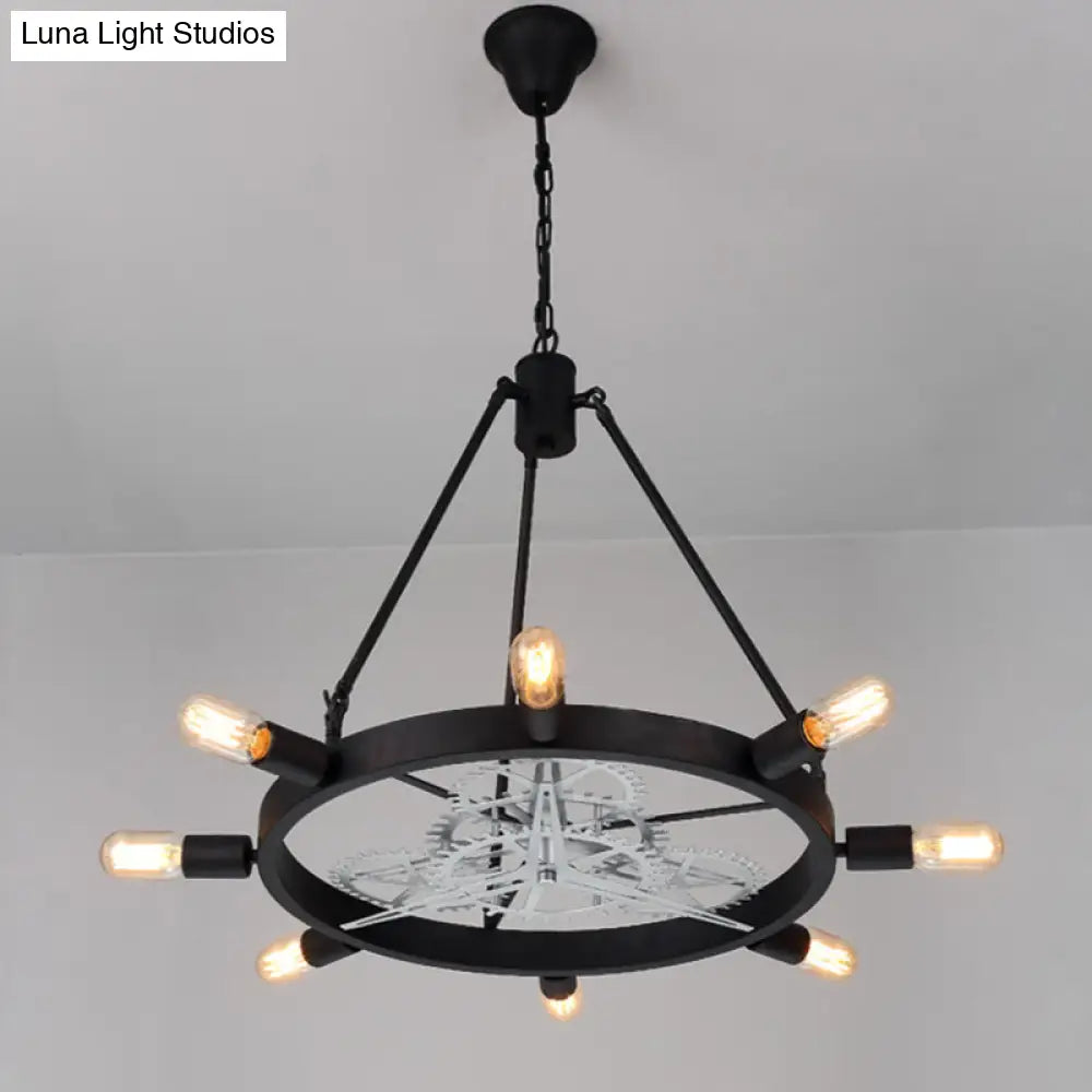 Industrial Hanging Chandelier With Exposed Bulb Design - 7/8 Bulbs Iron Frame Black/Silver Gear
