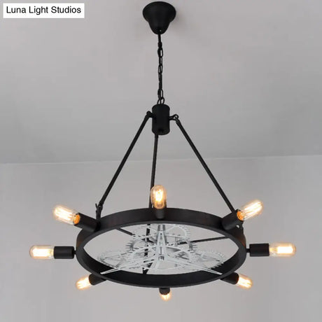 Industrial Hanging Chandelier With Exposed Bulb Design - 7/8 Bulbs Iron Frame Black/Silver Gear